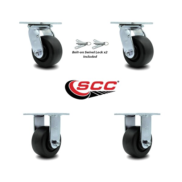 4 Inch Polyolefin Caster Set with Ball Bearings 2 Swivel Lock 2 Rigid SCC